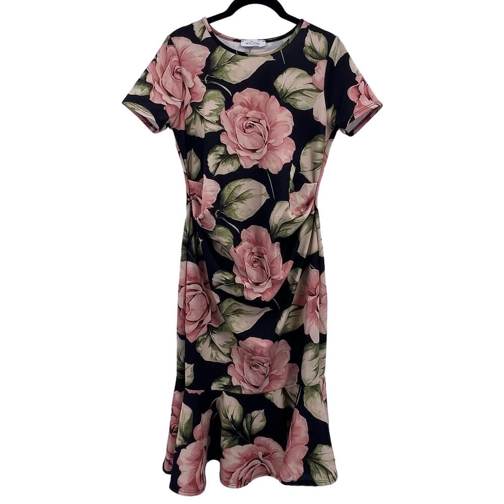 My Bump Sz M Maternity Black Floral Dress Ruffle Knee Length Short Sleeve